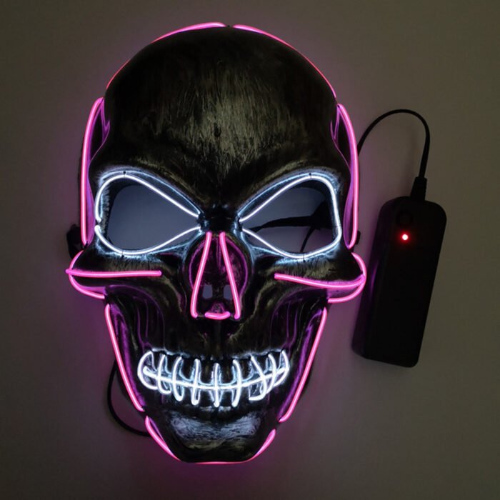 LED light-up mask with stitched-mouth and large-eyed skull design – a prop for escape room performances - Image 2