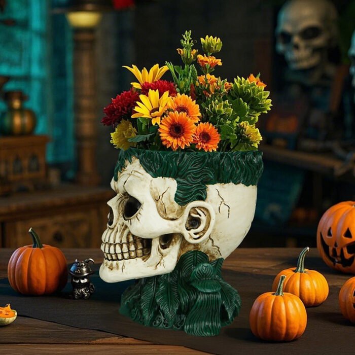 Skull-shaped resin flower pot ornaments: Halloween novel and creative green plant pots, scary decorations - Image 2