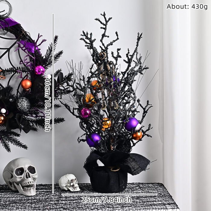 Halloween Purple Artificial Skull, Spider & Pumpkin Horror Scene Decoration Wreath - Image 3