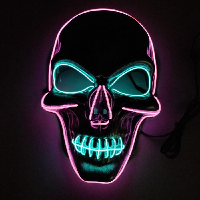 LED light-up mask with stitched-mouth and large-eyed skull design – a prop for escape room performances - Image 3