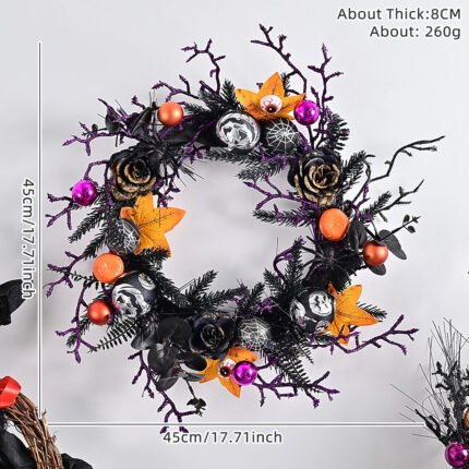 Halloween wreath: artificial skulls, Christmas balls, horror party decorations, door hangings, purple wreaths