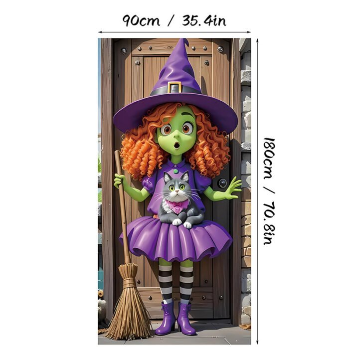 Halloween Witch and Crow Polyester Door Cover - Dark Spooky Festival Horror Atmosphere Porch Decorative Hanging Cloth - Image 5