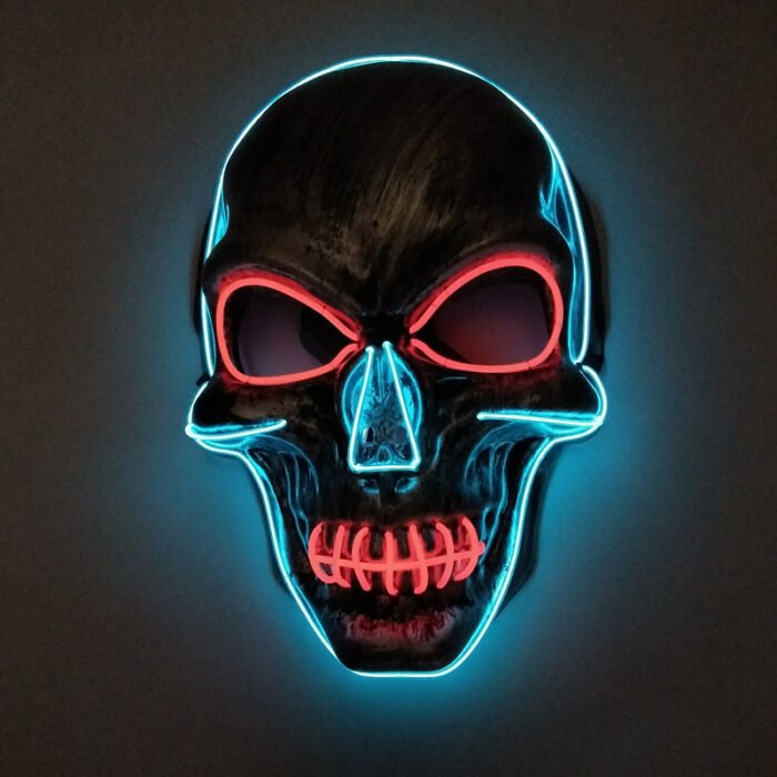 LED light-up mask with stitched-mouth and large-eyed skull design – a prop for escape room performances - Image 5