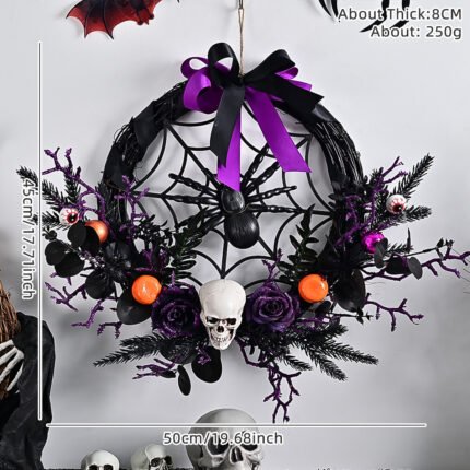 Halloween Purple Artificial Skull, Spider & Pumpkin Horror Scene Decoration Wreath