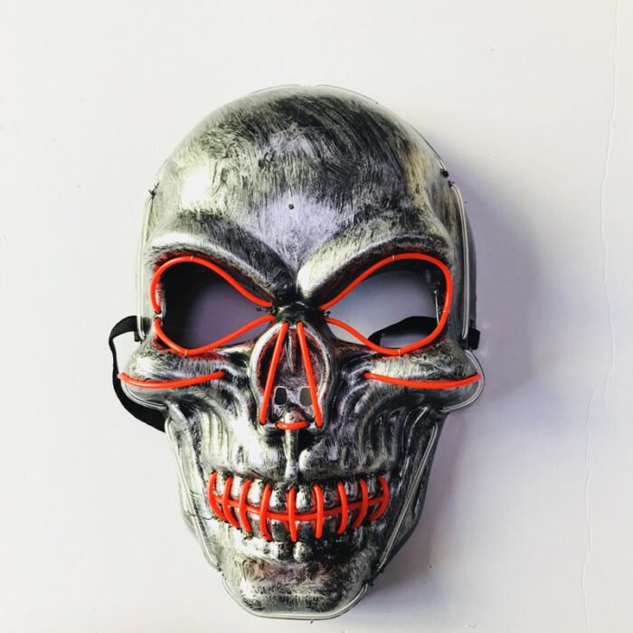 LED light-up mask with stitched-mouth and large-eyed skull design – a prop for escape room performances - Image 6