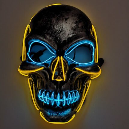 LED light-up mask with stitched-mouth and large-eyed skull design – a prop for escape room performances