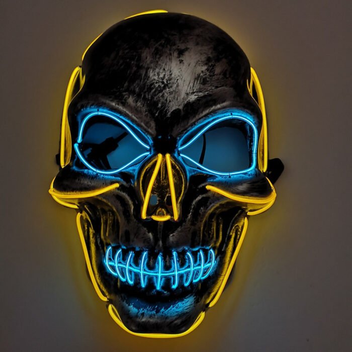 LED light-up mask with stitched-mouth and large-eyed skull design – a prop for escape room performances - Image 1