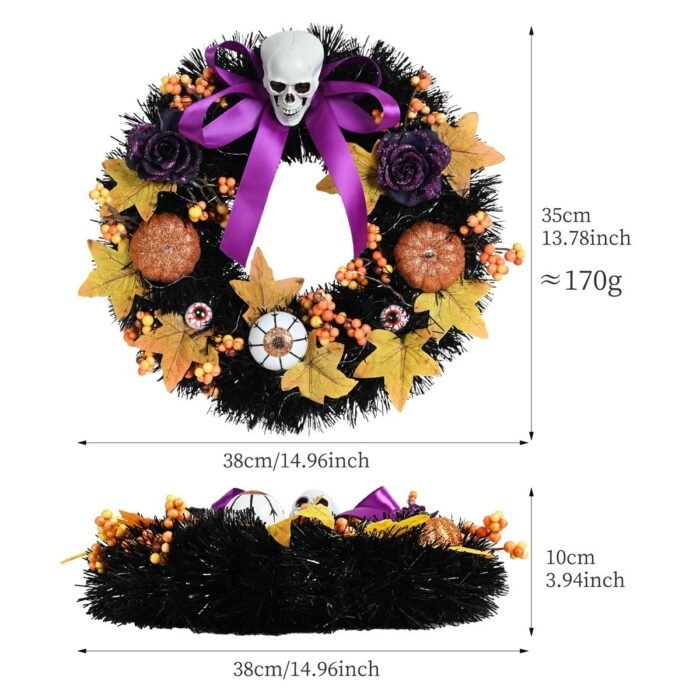 Halloween Purple Artificial Skull, Spider & Pumpkin Horror Scene Decoration Wreath - Image 8