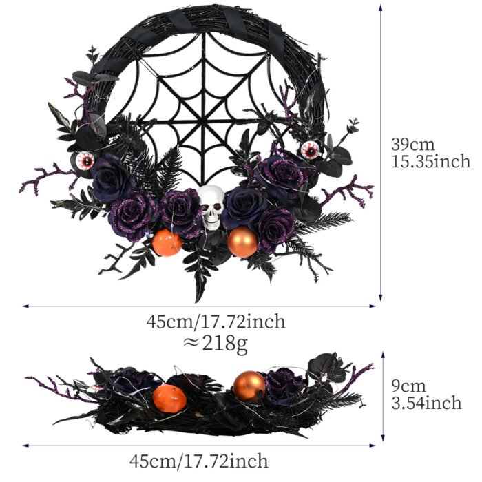 Halloween Purple Artificial Skull, Spider & Pumpkin Horror Scene Decoration Wreath - Image 9