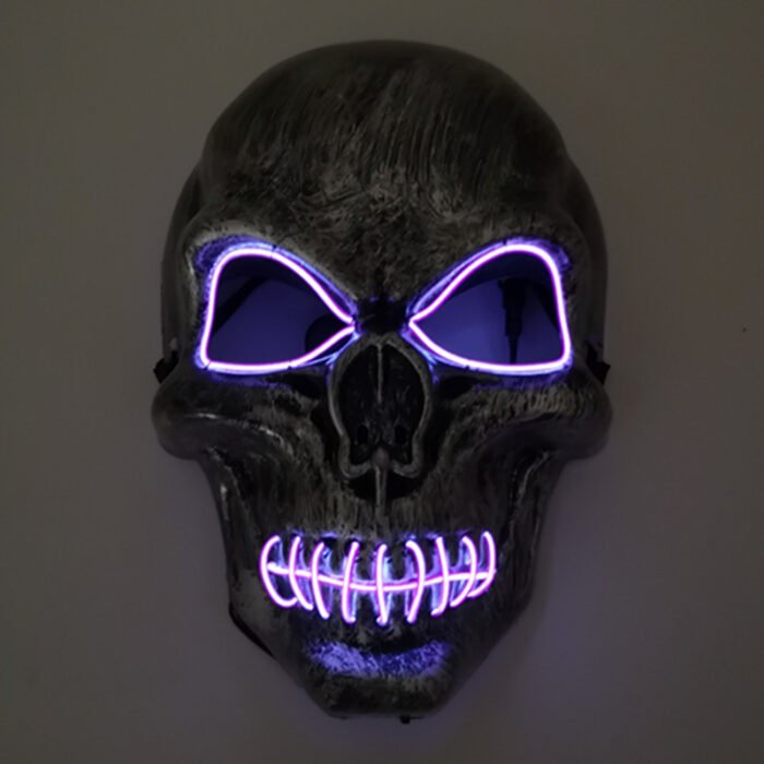 LED light-up mask with stitched-mouth and large-eyed skull design – a prop for escape room performances - Image 9