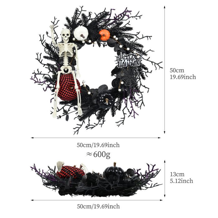 Halloween Purple Artificial Skull, Spider & Pumpkin Horror Scene Decoration Wreath - Image 10
