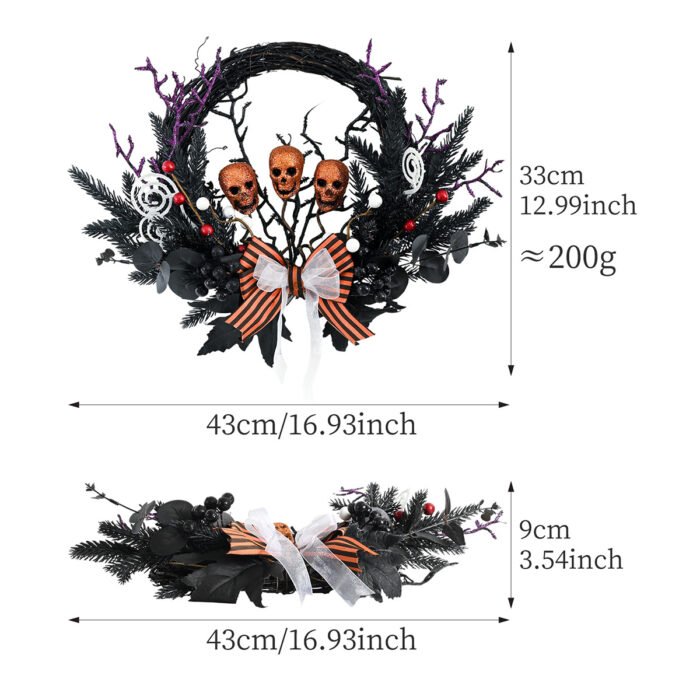 Halloween Purple Artificial Skull, Spider & Pumpkin Horror Scene Decoration Wreath - Image 11