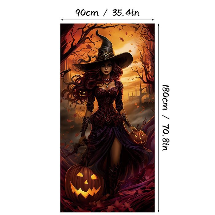 Halloween Witch and Crow Polyester Door Cover - Dark Spooky Festival Horror Atmosphere Porch Decorative Hanging Cloth - Image 11