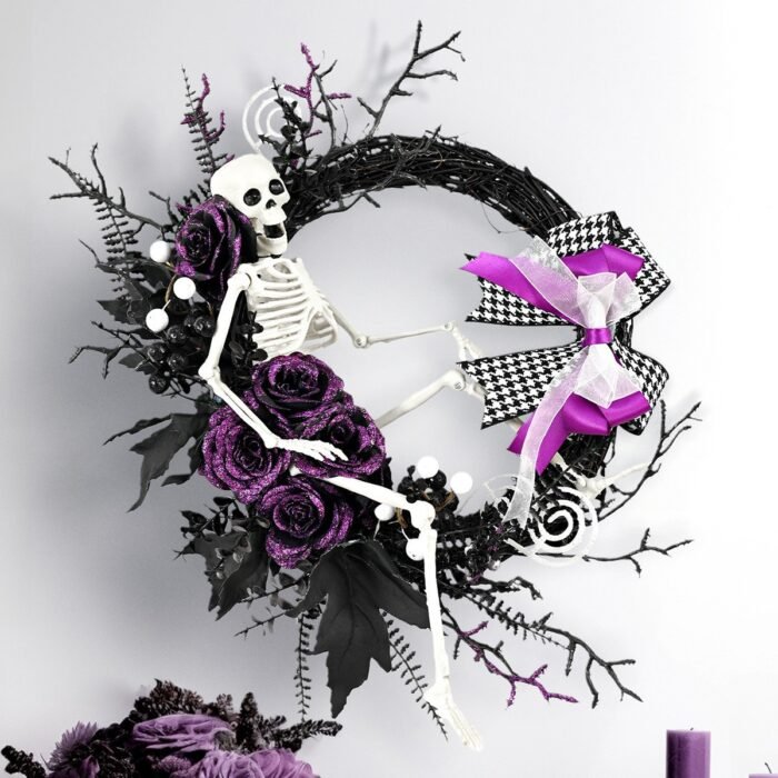 Halloween Purple Artificial Skull, Spider & Pumpkin Horror Scene Decoration Wreath - Image 12
