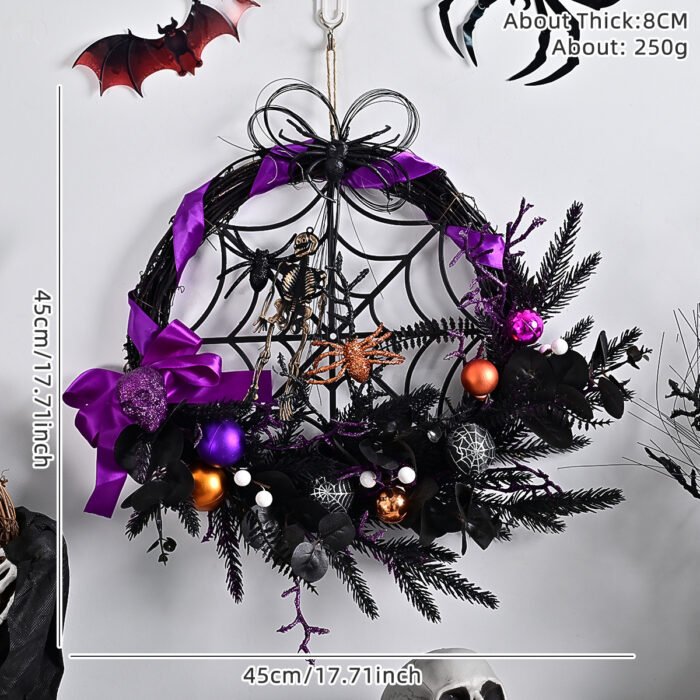 Halloween Purple Artificial Skull, Spider & Pumpkin Horror Scene Decoration Wreath - Image 14