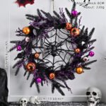 Halloween Purple Artificial Skull, Spider & Pumpkin Horror Scene Decoration Wreath - Image 15