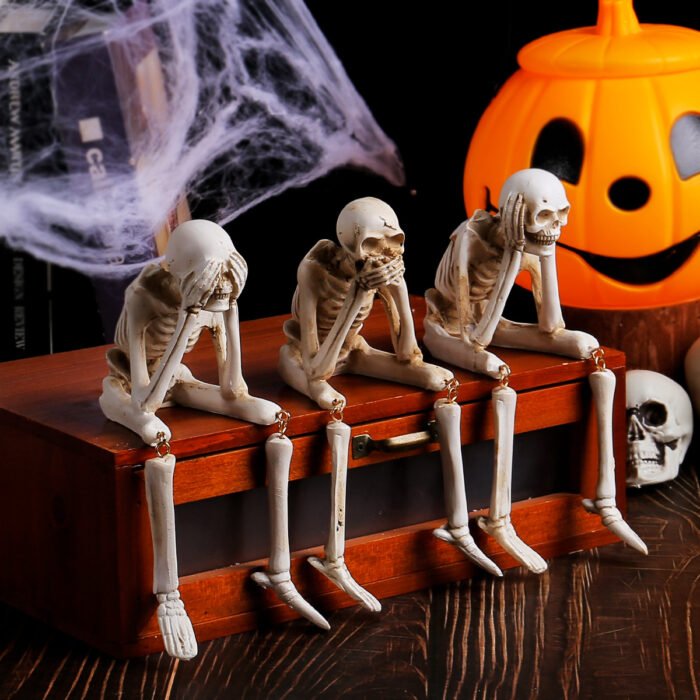 Halloween Skull Resin Ornaments - "See No Evil, Hear No Evil, Speak No Evil" Skeleton Craft Decorations for Spooky Festive Atmosphere - Image 1
