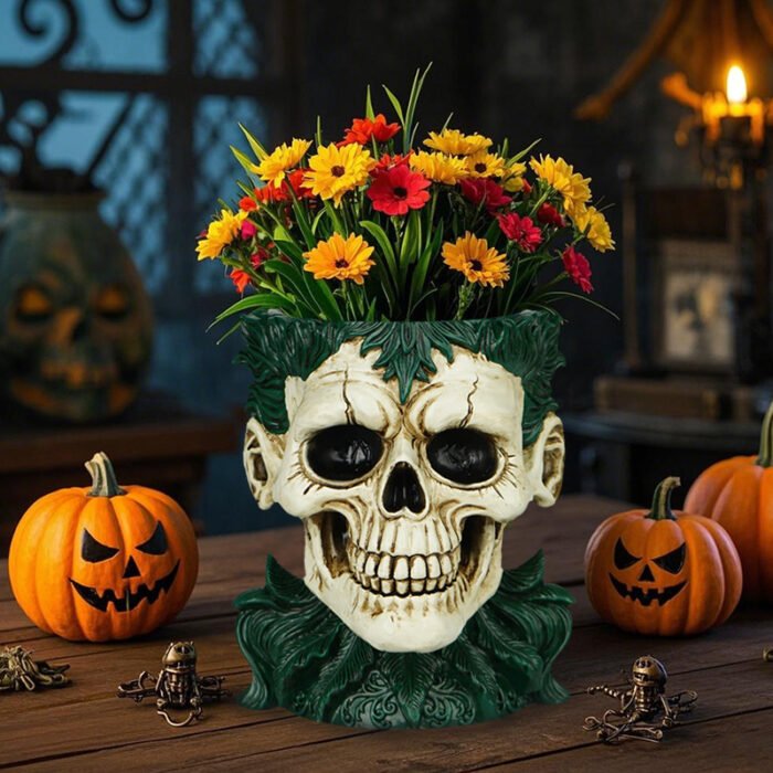 Skull-shaped resin flower pot ornaments: Halloween novel and creative green plant pots, scary decorations - Image 4