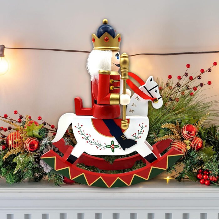 Wooden Rocking Horse Nutcracker, 30.5cm Traditional Nutcracker Soldier, Christmas Desktop Decoration Ornament - Image 2