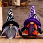 Halloween decorations: Halloween spider, bat, and faceless gnome fabric dolls; Halloween ornaments
