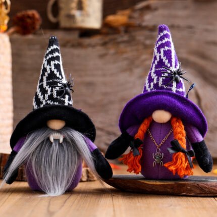 Halloween decorations: Halloween spider, bat, and faceless gnome fabric dolls; Halloween ornaments