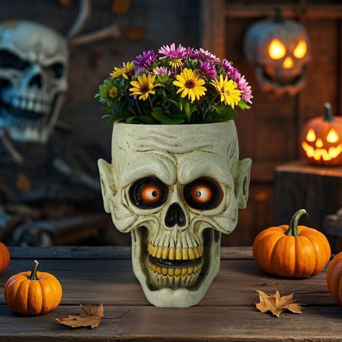 Skull-shaped resin flower pot ornaments: Halloween novel and creative green plant pots, scary decorations - Image 5