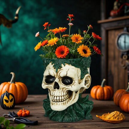 Skull-shaped resin flower pot ornaments: Halloween novel and creative green plant pots, scary decorations