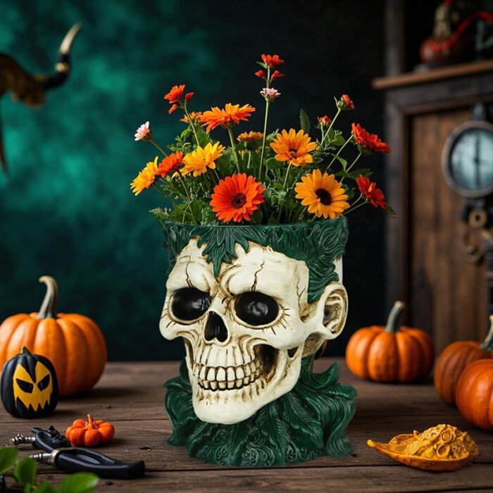 Skull-shaped resin flower pot ornaments: Halloween novel and creative green plant pots, scary decorations - Image 1