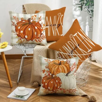 Thanksgiving Autumn Pillow: Pumpkin & Maple Leaf Hand - painted Text Cushion Pillow